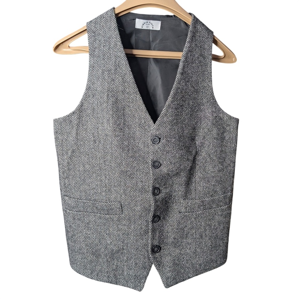 Kirrin Finch Gray Herringbone Wool Blend Finch Vest Waistcoat Small Italy FW19